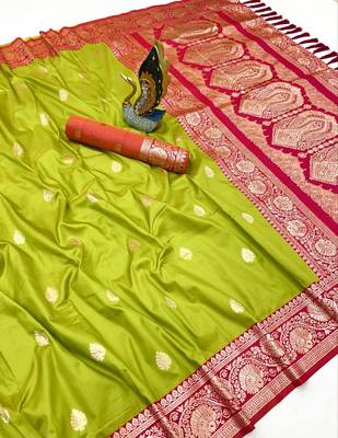 Parrot green soft silk blend saree with zari weaving meenakari design 3