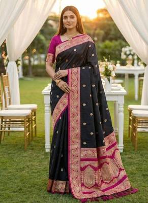 Black soft silk blend saree with zari weaving meenakari design 1