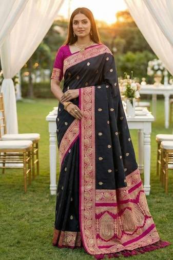 Black soft silk blend saree with zari weaving meenakari design