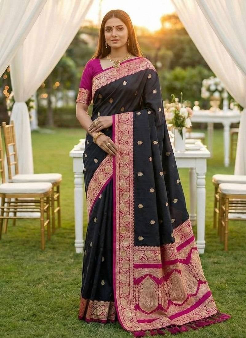 Black soft silk blend saree with zari weaving meenakari design