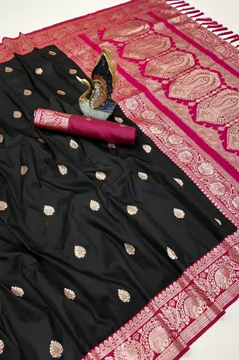 Black soft silk blend saree with zari weaving meenakari design