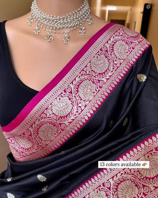 Black soft silk blend saree with zari weaving meenakari design 3