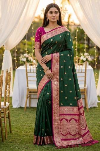 Green soft silk blend saree with zari weaving meenakari design