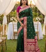Green soft silk blend saree with zari weaving meenakari design