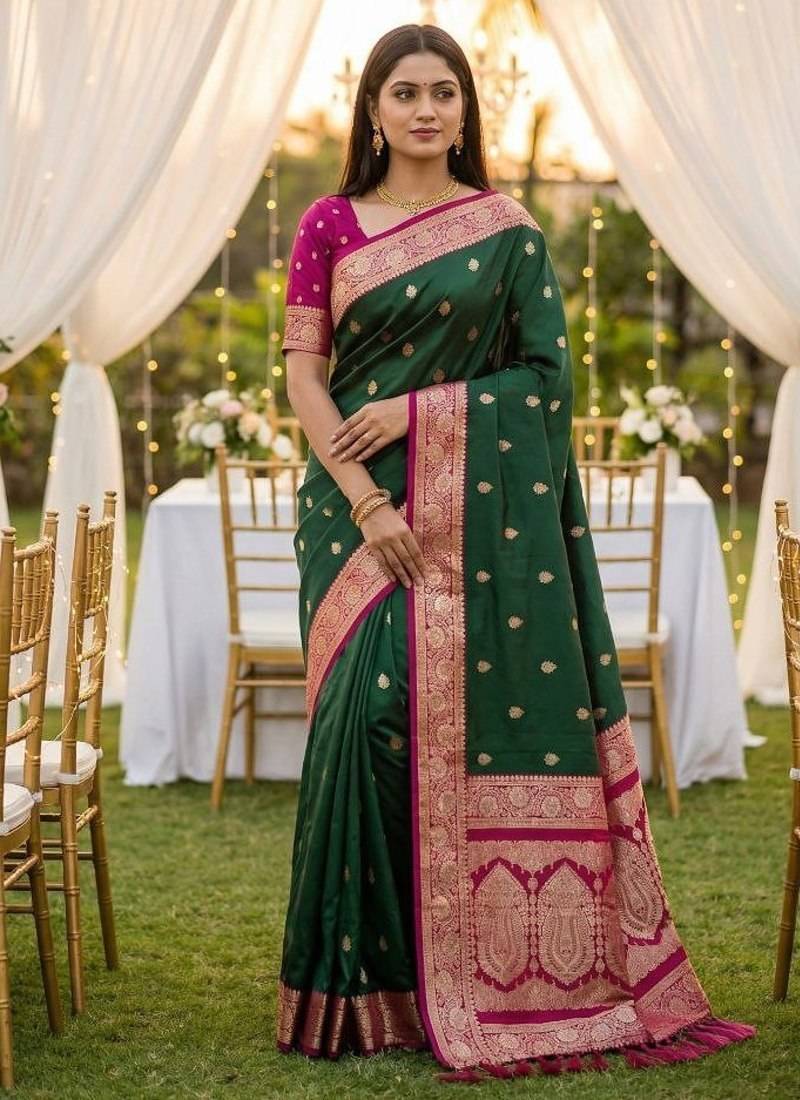 Green soft silk blend saree with zari weaving meenakari design