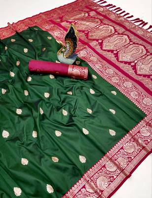 Green soft silk blend saree with zari weaving meenakari design 2