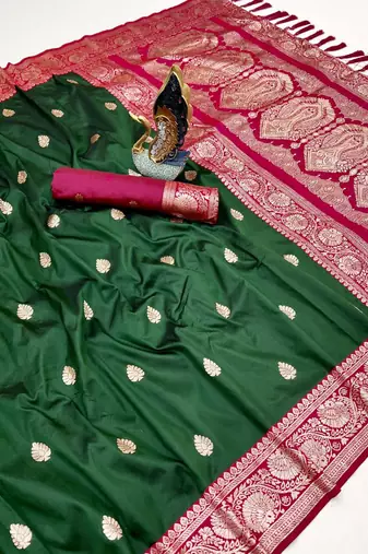 Green soft silk blend saree with zari weaving meenakari design