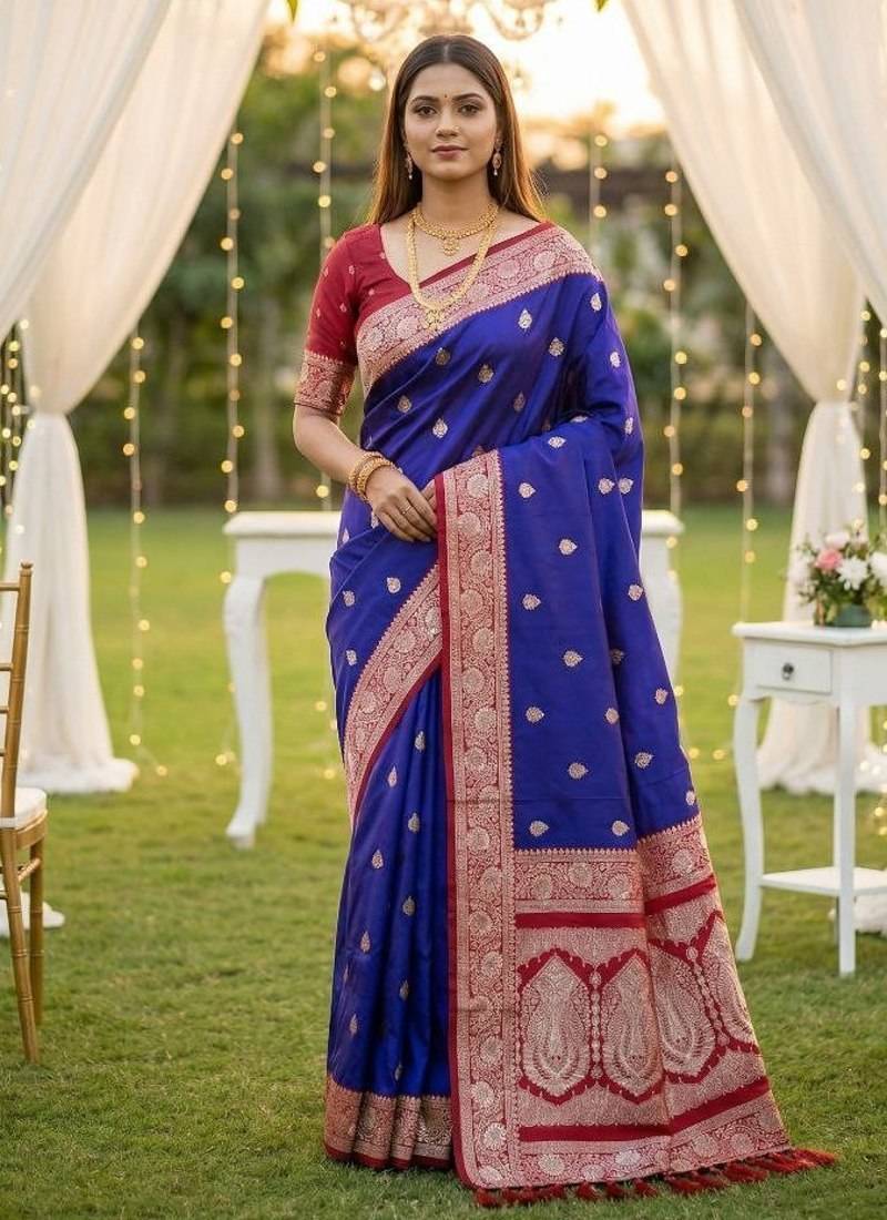 Violet soft silk blend saree with zari weaving meenakari design