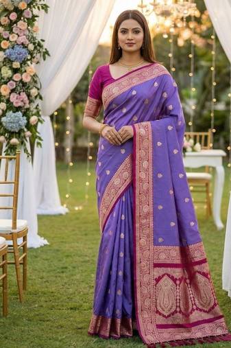 Purple soft silk blend saree with zari weaving meenakari design