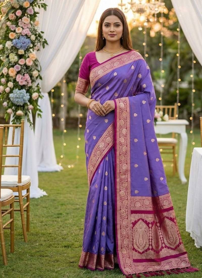 Purple soft silk blend saree with zari weaving meenakari design