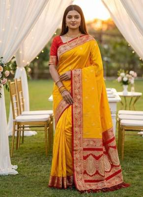 Yellow soft silk blend saree with zari weaving meenakari design 1