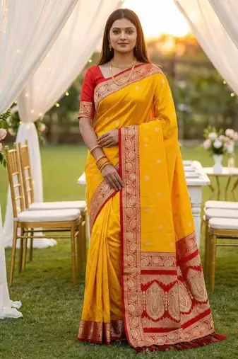 Yellow soft silk blend saree with zari weaving meenakari design