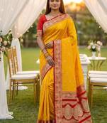 Yellow soft silk blend saree with zari weaving meenakari design