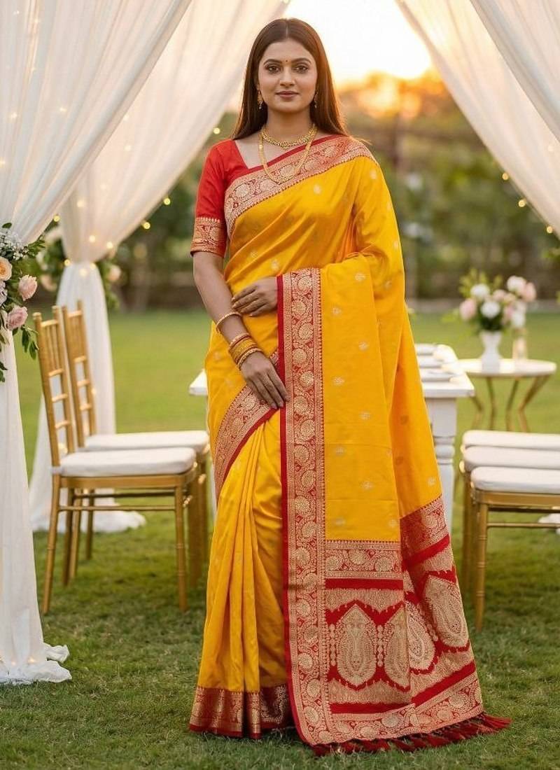 Yellow soft silk blend saree with zari weaving meenakari design