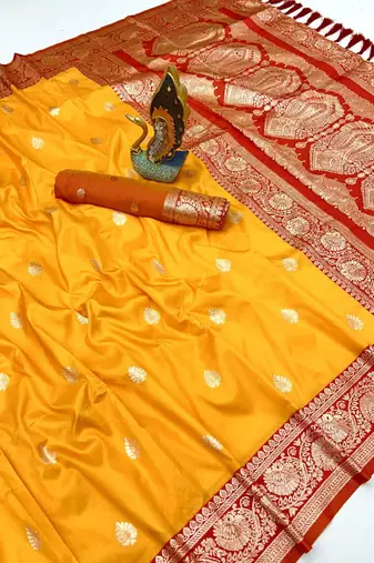 Yellow soft silk blend saree with zari weaving meenakari design