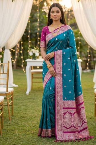 Teal blue soft silk blend saree with zari weaving meenakari design