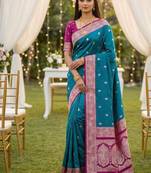 Teal blue soft silk blend saree with zari weaving meenakari design
