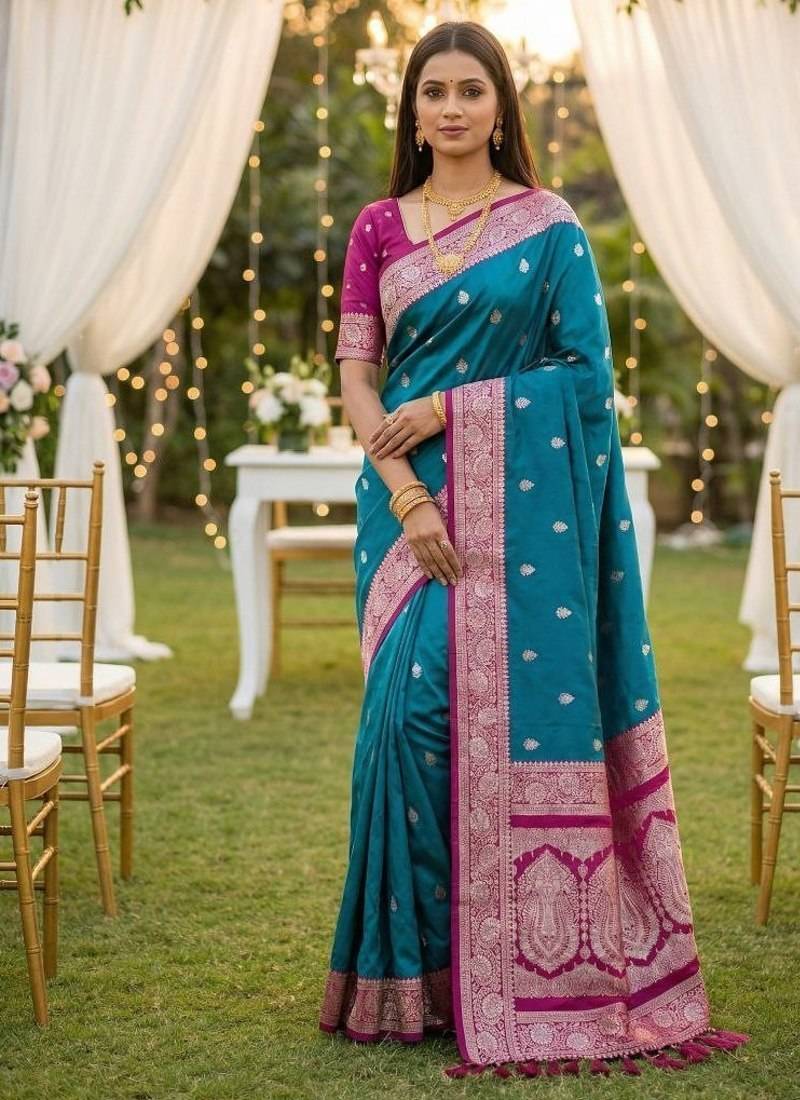 Teal blue soft silk blend saree with zari weaving meenakari design
