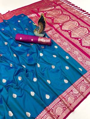 Teal blue soft silk blend saree with zari weaving meenakari design 2