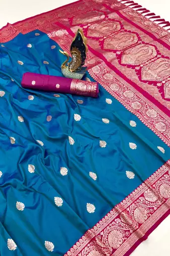 Teal blue soft silk blend saree with zari weaving meenakari design