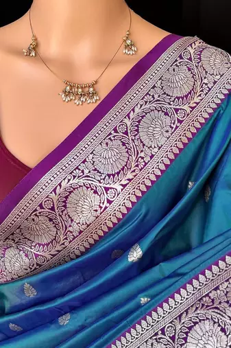 Teal blue soft silk blend saree with zari weaving meenakari design