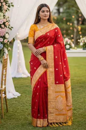 Red soft silk blend saree with zari weaving meenakari design
