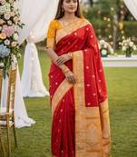 Red soft silk blend saree with zari weaving meenakari design