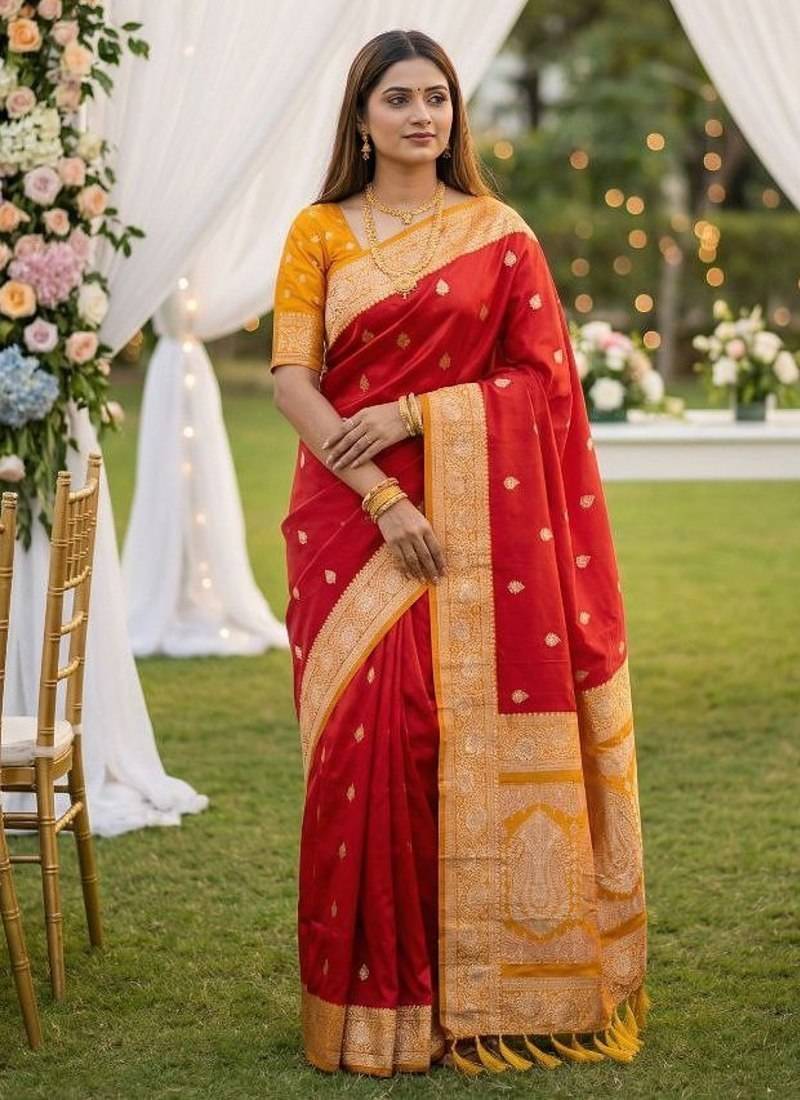 Red soft silk blend saree with zari weaving meenakari design