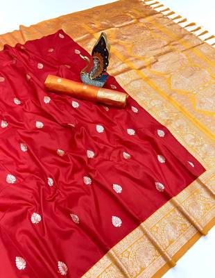 Red soft silk blend saree with zari weaving meenakari design 3