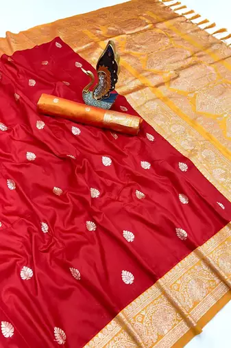 Red soft silk blend saree with zari weaving meenakari design