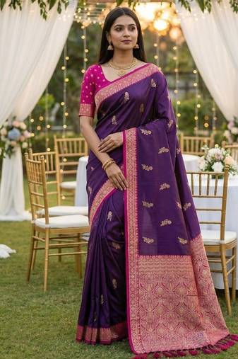 Purple soft silk blend saree with zari weaving meenakari design
