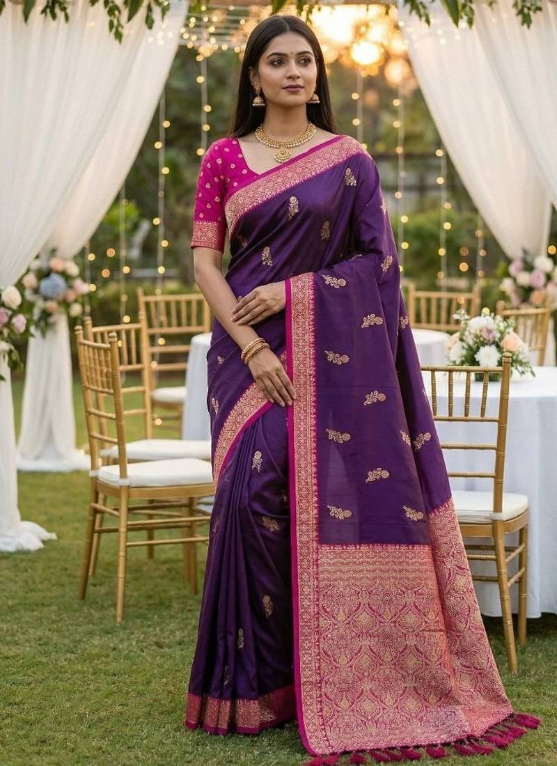 Purple soft silk blend saree with zari weaving meenakari design