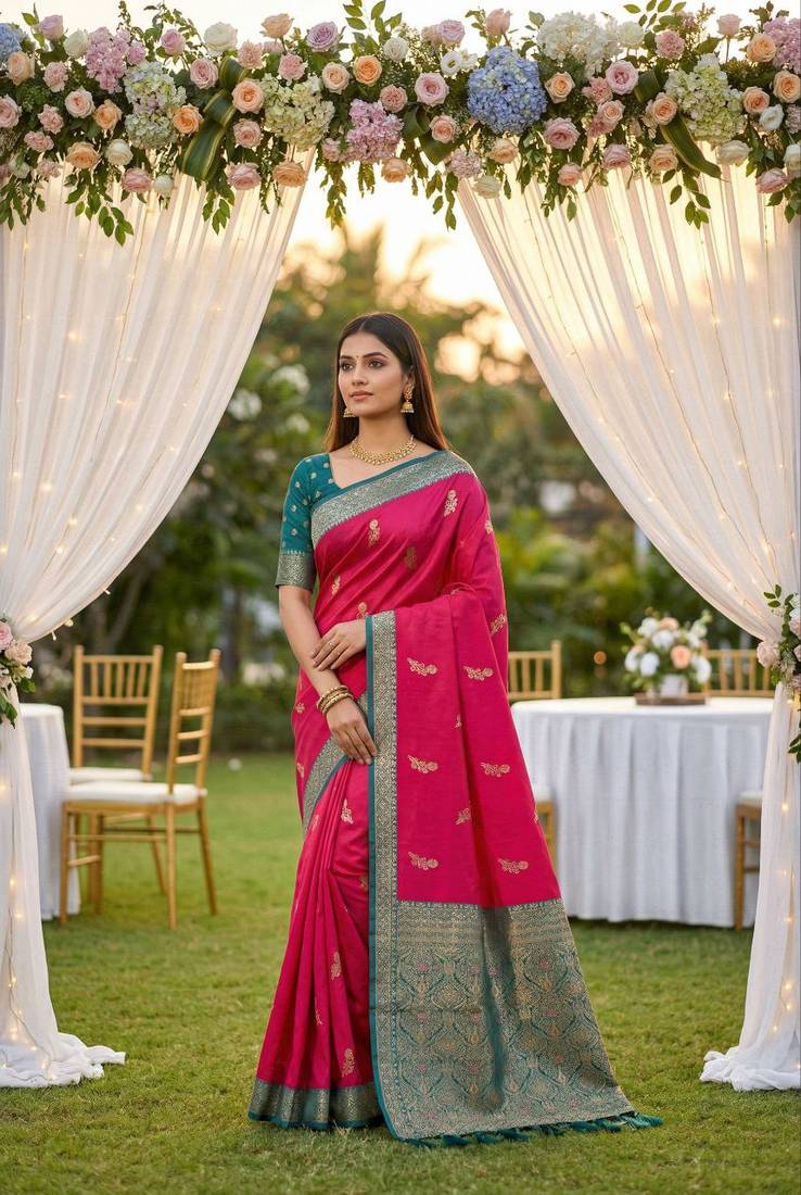 Pink soft silk blend saree with zari weaving meenakari design