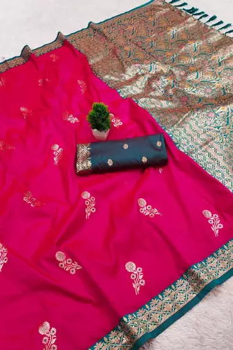 Pink soft silk blend saree with zari weaving meenakari design