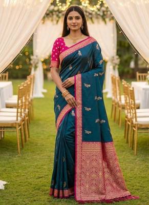 Teal blue soft silk blend saree with zari weaving meenakari design 1