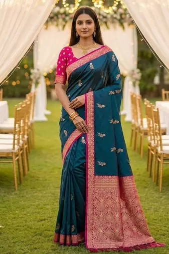 Teal blue soft silk blend saree with zari weaving meenakari design
