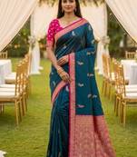 Teal blue soft silk blend saree with zari weaving meenakari design