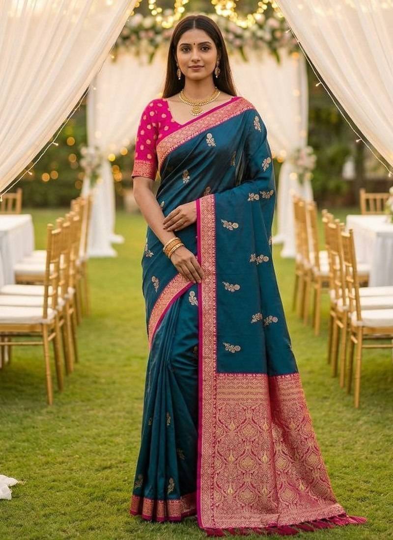 Teal blue soft silk blend saree with zari weaving meenakari design