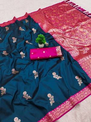Teal blue soft silk blend saree with zari weaving meenakari design 2