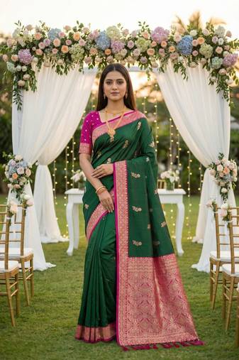 Green soft silk blend saree with zari weaving meenakari design