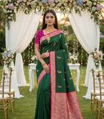 Green soft silk blend saree with zari weaving meenakari design