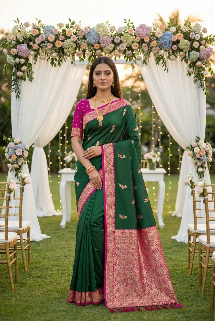 Green soft silk blend saree with zari weaving meenakari design