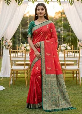 Pink soft silk blend saree with zari weaving meenakari design 1