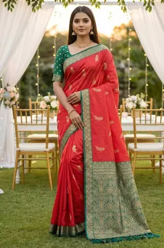 Pink soft silk blend saree with zari weaving meenakari design