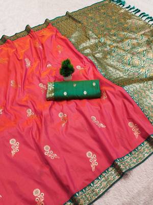Pink soft silk blend saree with zari weaving meenakari design 2