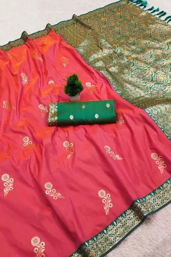 Pink soft silk blend saree with zari weaving meenakari design