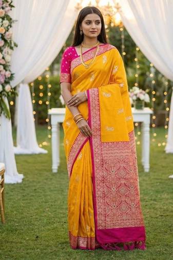 Yellow soft silk blend saree with zari weaving meenakari design