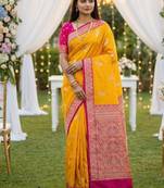 Yellow soft silk blend saree with zari weaving meenakari design