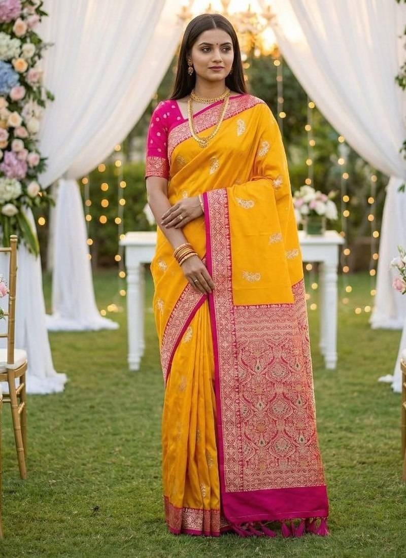 Yellow soft silk blend saree with zari weaving meenakari design