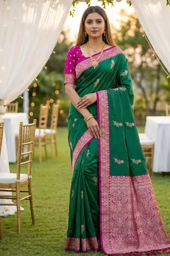 Sea green soft silk blend saree with zari weaving meenakari design